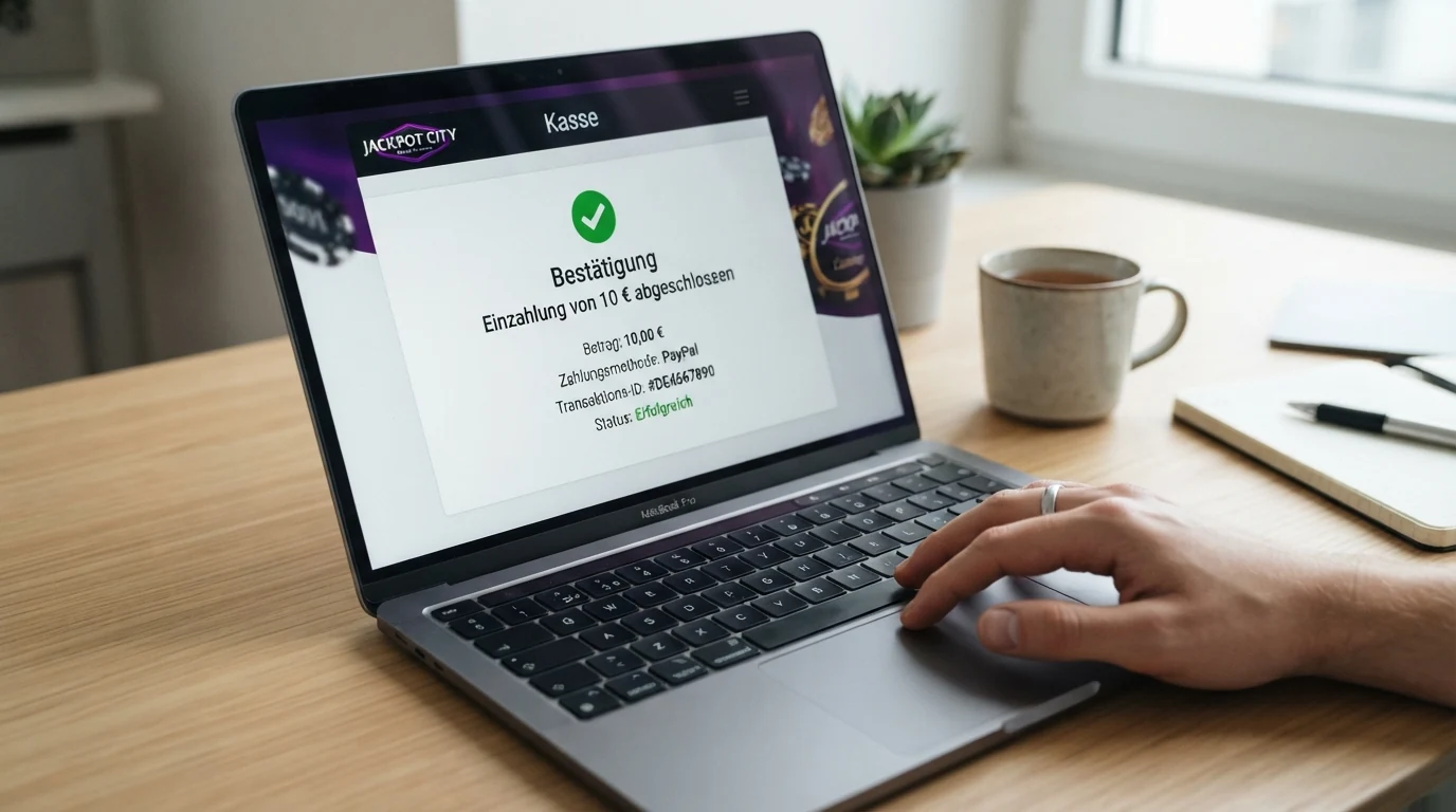 Der Bildschirm eines Laptops mit der Skrill-Kasse eines Online-Casinos, eine abgeschlossene Einzahlung von 10 Euro wird bestätigt