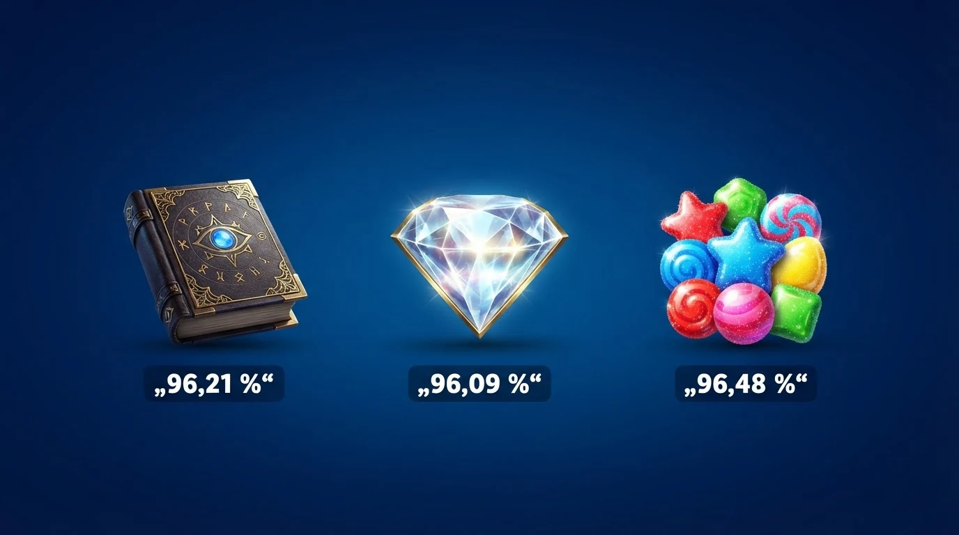 Drei Slot-Symbole nebeneinander: das Buch (Book of Dead), ein bunter Edelstein (Starburst) und eine Bonbon-Grafik (Sweet Bonanza), darunter Prozentangaben