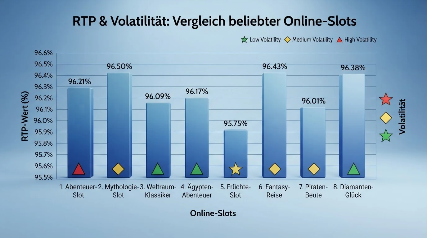 Diagramm oder visuelle Gegenüberstellung der RTP-Werte und Volatilität von acht recherchierten Slots (Book of Dead, Gates of Olympus, Starburst und weiteren)