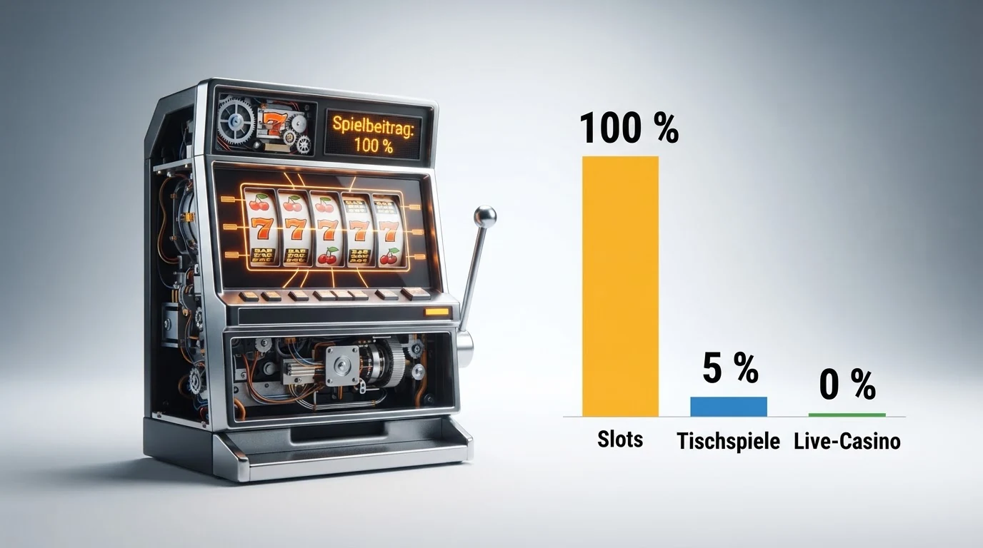 Geöffneter Spielautomat mit Walzen, daneben eine Spielbeitrags-Tabelle mit Prozentangaben für Slots, Tischspiele und Live-Casino