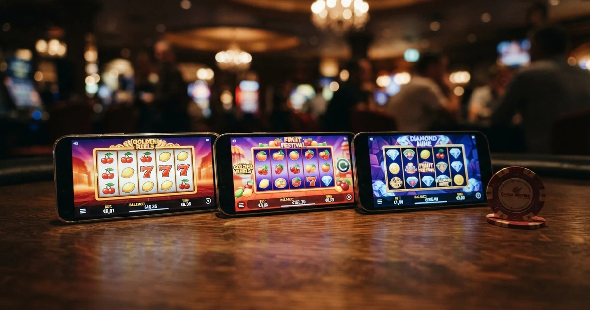Drei Spielautomaten-Bildschirme mit unterschiedlichen Einsatzanzeigen: 0,01 €, 0,05 € und 1,00 € pro Spin, nebeneinander aufgereiht vor einem dunklen Casino-Hintergrund