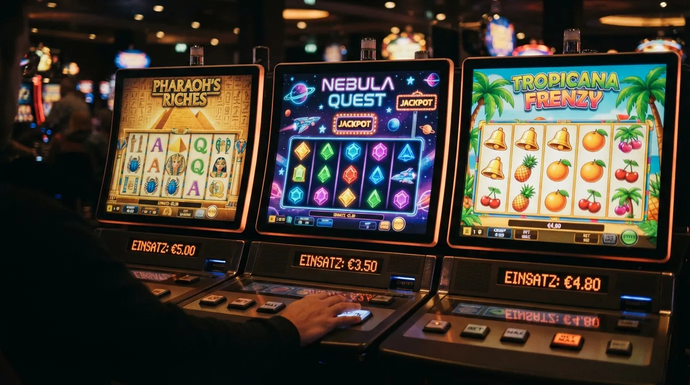 Drei Spielautomaten-Bildschirme nebeneinander — Book of Dead, Starburst und Sweet Bonanza — mit eingeblendeten Einsatzanzeigen im einstelligen Euro-Bereich