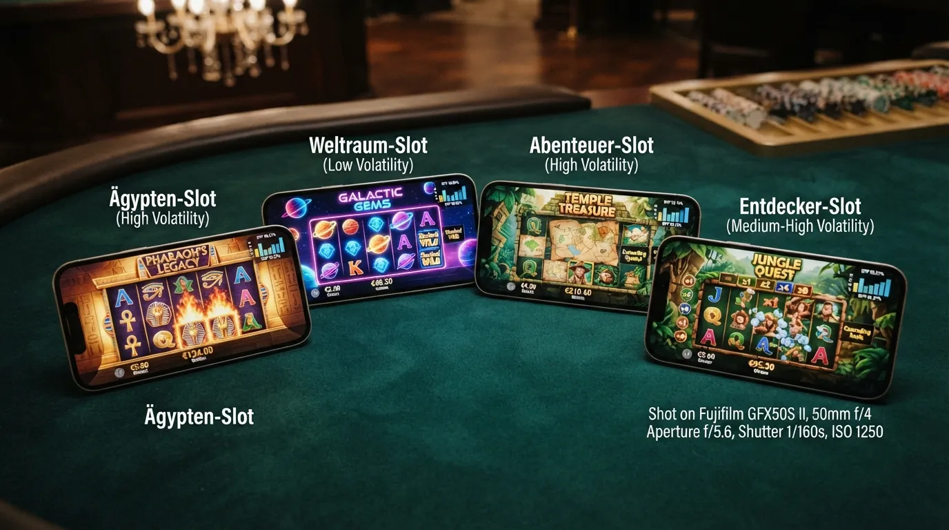 Vier Slot-Titelbilder (Book of Dead, Starburst, Book of Ra Deluxe, Gonzo's Quest) mit eingeblendeten RTP-Prozentwerten und einem kleinen Säulendiagramm, das die Unterschiede visualisiert