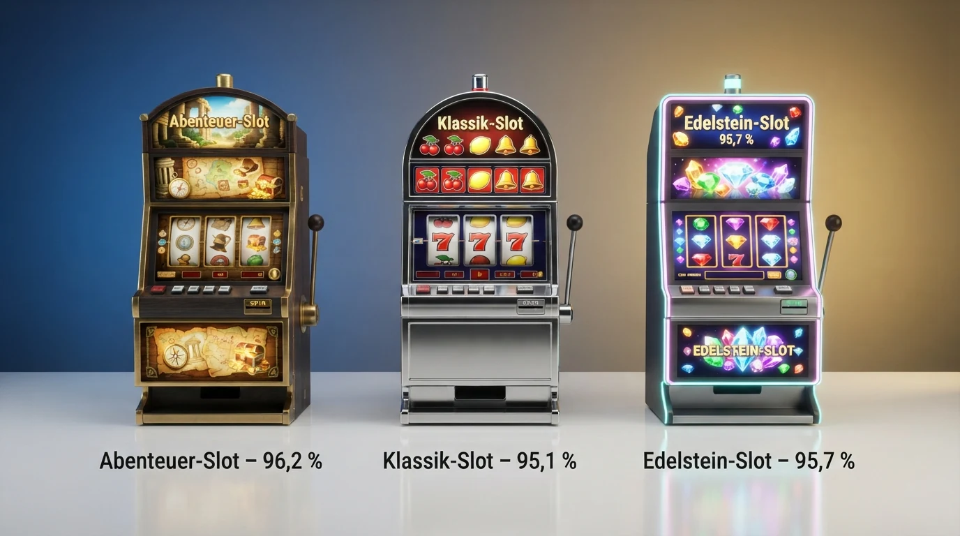 Drei beliebte Spielautomaten — Book of Dead, Book of Ra Deluxe und Sizzling Hot Deluxe — nebeneinander mit ihren jeweiligen Walzen-Symbolen