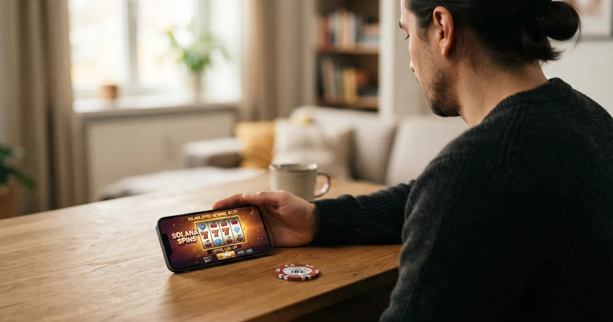 Eine Reihe von Krypto-Casino-Startseiten auf einem Bildschirm, daneben das Solana-Logo und eine Phantom-Wallet-Oberfläche