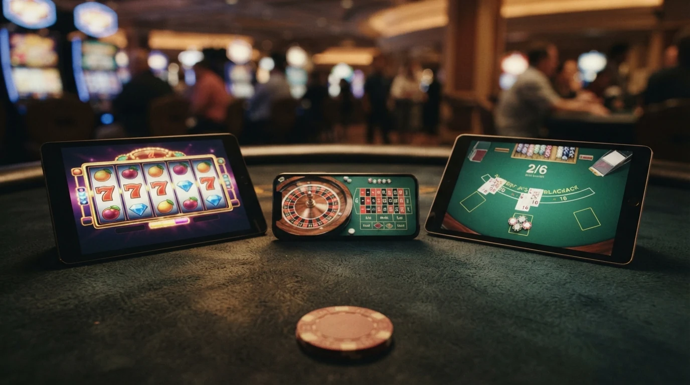 Drei Bildschirme mit Slot-Spielen, Live-Roulette und Blackjack-Tisch, jeweils mit Krypto-Wallet-Overlay