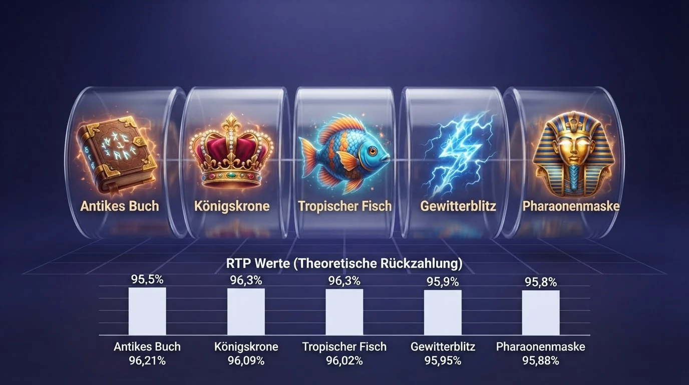 Fünf Slot-Symbole (Buch, Krone, Fisch, Blitz, Pharao) auf Walzen nebeneinander, darunter kleine Prozentangaben zu RTP-Werten
