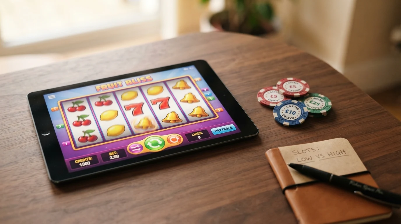 Drei Spielautomaten-Walzen mit farbigen Fruchtsymbolen auf einem Tablet-Bildschirm