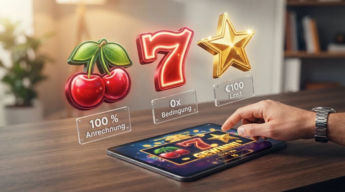 Drei Spielautomaten-Symbole (Kirsche, Sieben, Stern) nebeneinander, über jedem ein Etikett: links „100 % Anrechnung“, Mitte „0x Bedingung“, rechts „€100 Limit“