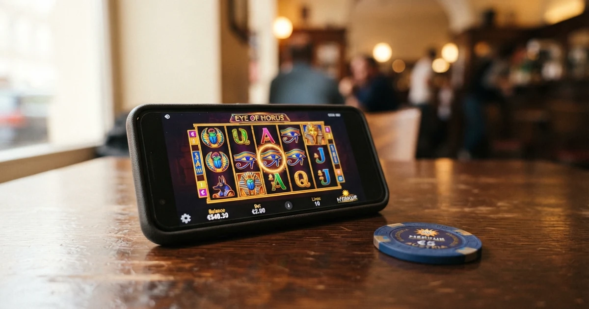 Mehrere Merkur Spielautomaten mit bunten Walzen und Symbolen auf einem Bildschirm, im Vordergrund der Schriftzug „Merkur“