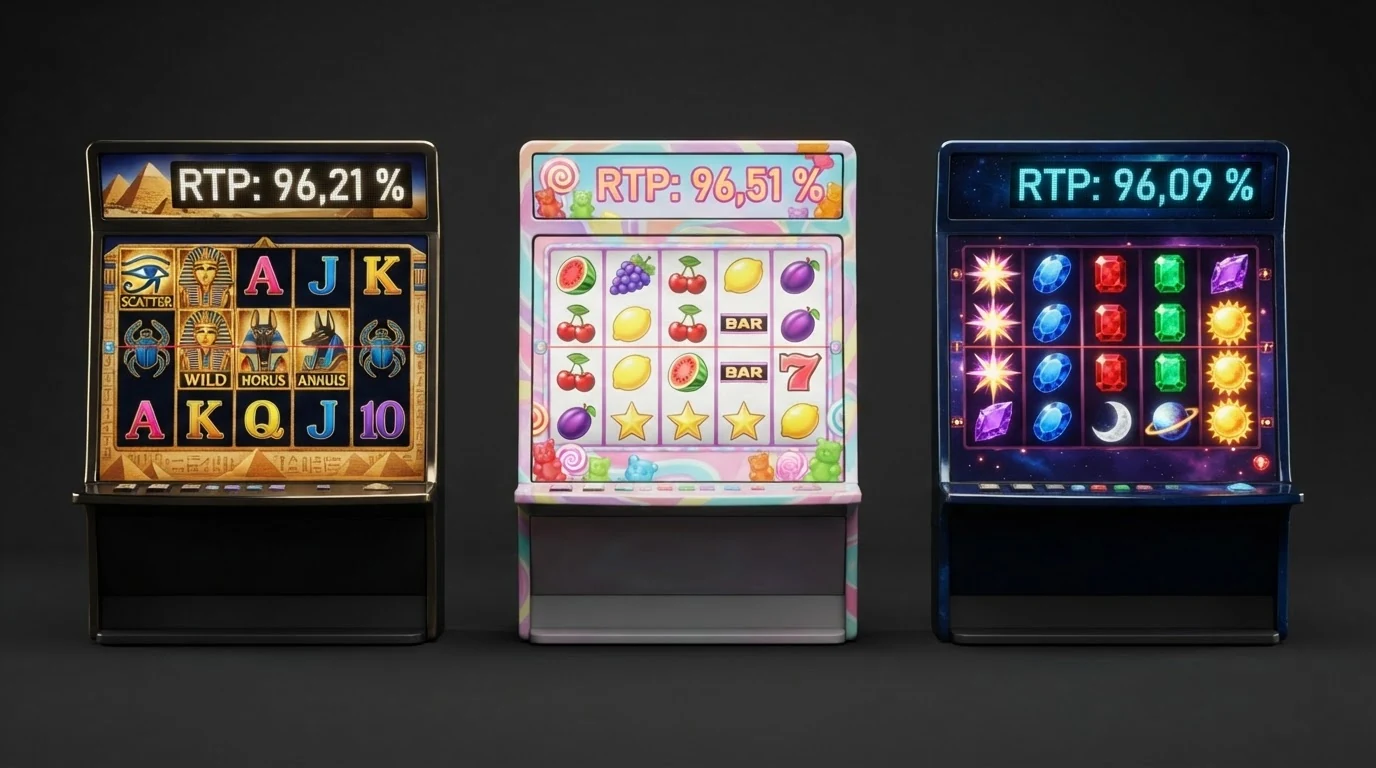 Drei Slot-Symbole (Book of Dead, Sweet Bonanza, Starburst) nebeneinander mit eingeblendeten RTP-Prozentzahlen