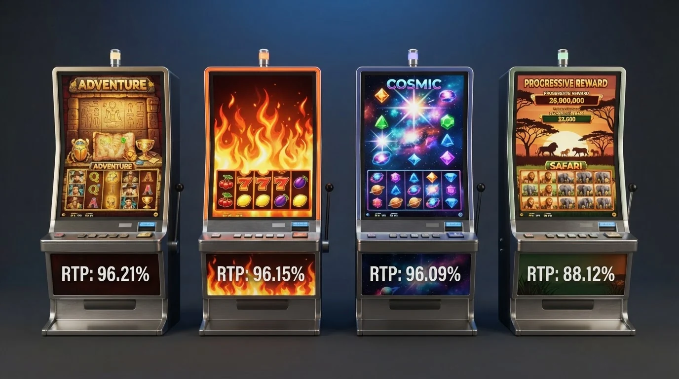 Vier beliebte Spielautomaten mit ihren RTP-Prozentwerten und Volatilitätskennzahlen in der Gegenüberstellung