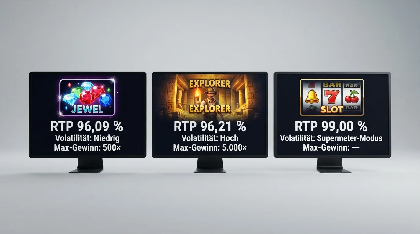 Drei Spielautomaten-Bildschirme mit hervorgehobenen Prozentangaben zu RTP, Volatilität und maximalem Gewinn — Starburst, Book of Dead und Mega Joker