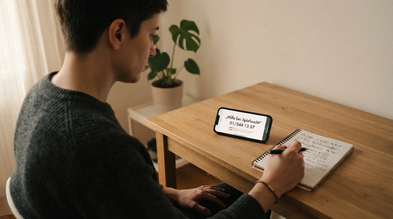 Eine Person sitzt an einem Schreibtisch vor einem geöffneten Laptop, daneben liegt ein Notizzettel mit der Telefonnummer der Spielsuchthilfe Wien