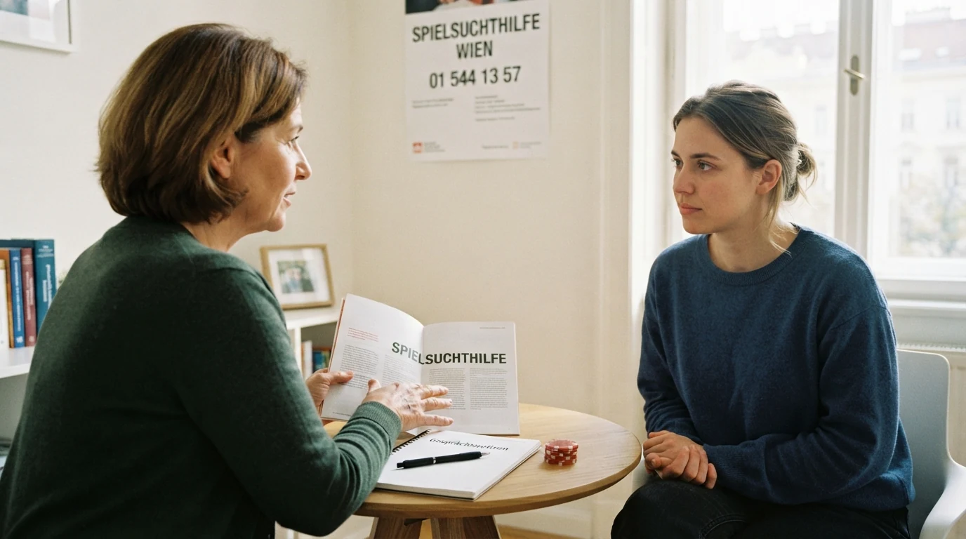 Ein Beratungsgespräch in einer hellen Büroumgebung — zwei Personen an einem Tisch mit Infomaterial zur Spielsuchthilfe, im Hintergrund ein Plakat mit der Aufschrift „Spielsuchthilfe Wien“