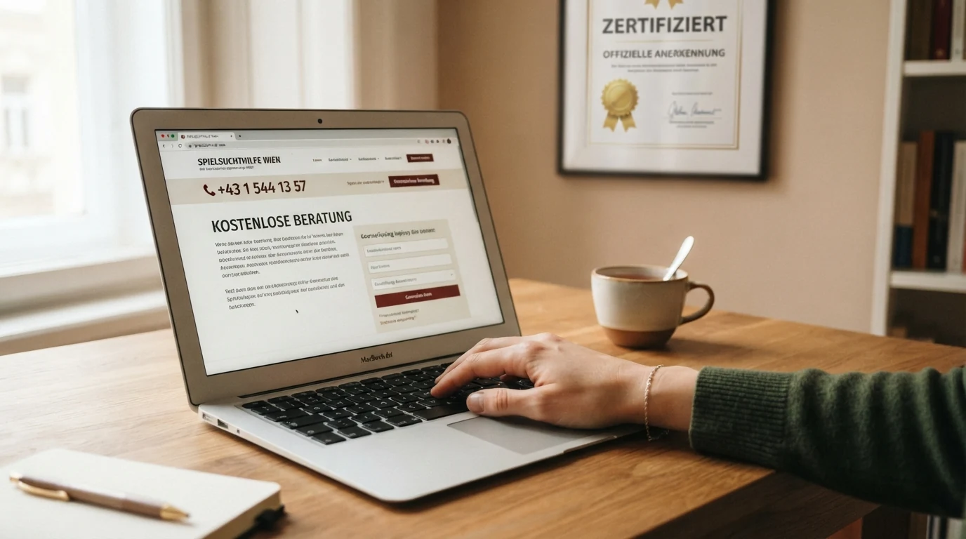 Ein aufgeschlagenes Hilfsangebot: die Website der Spielsuchthilfe Wien auf einem Laptop mit sichtbarer Telefonnummer +43 1 544 13 57 und dem Schriftzug „Kostenlose Beratung“
