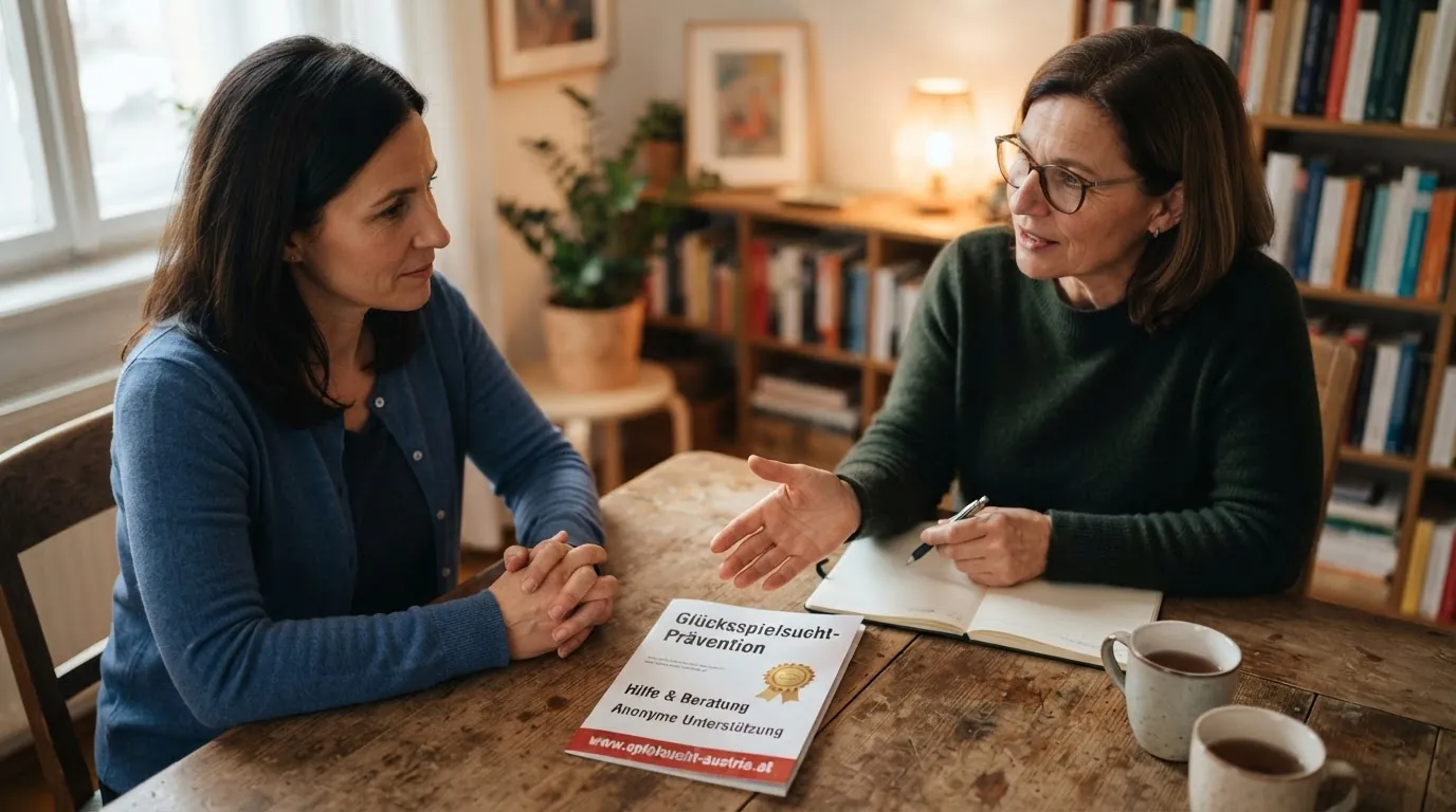 Eine Person im Gespräch mit einer Beraterin, auf dem Tisch liegt aufgeschlagenes Informationsmaterial zur Glücksspielsucht-Prävention