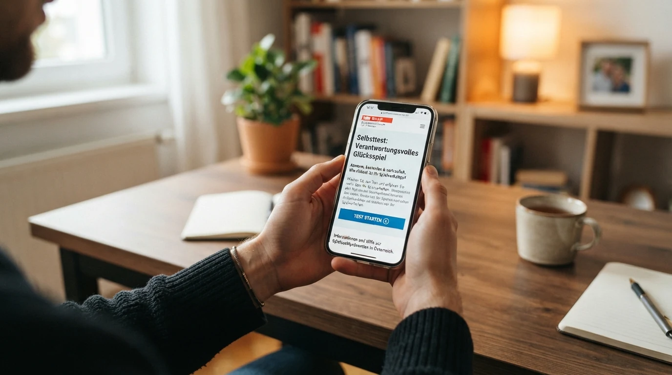 Bildschirm mit der Startseite des BMF-Glücksspiel-Selbsttests und einer Telefon-Hotline-Nummer