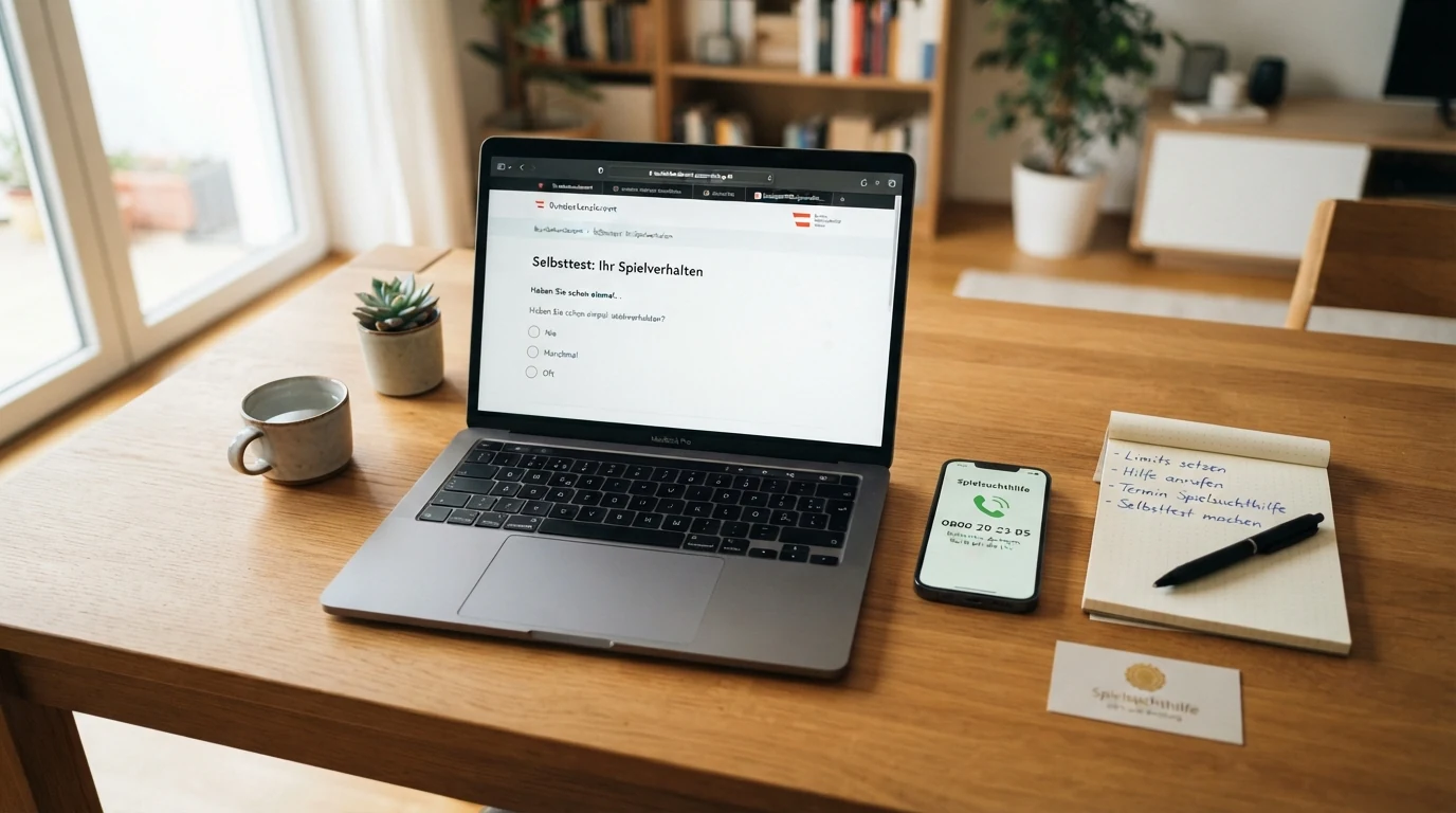 Ein aufgeräumter Schreibtisch mit Telefon, Notizblock und einer Visitenkarte der Spielsuchthilfe, daneben ein geöffneter Laptop mit dem Selbsttest des BCA