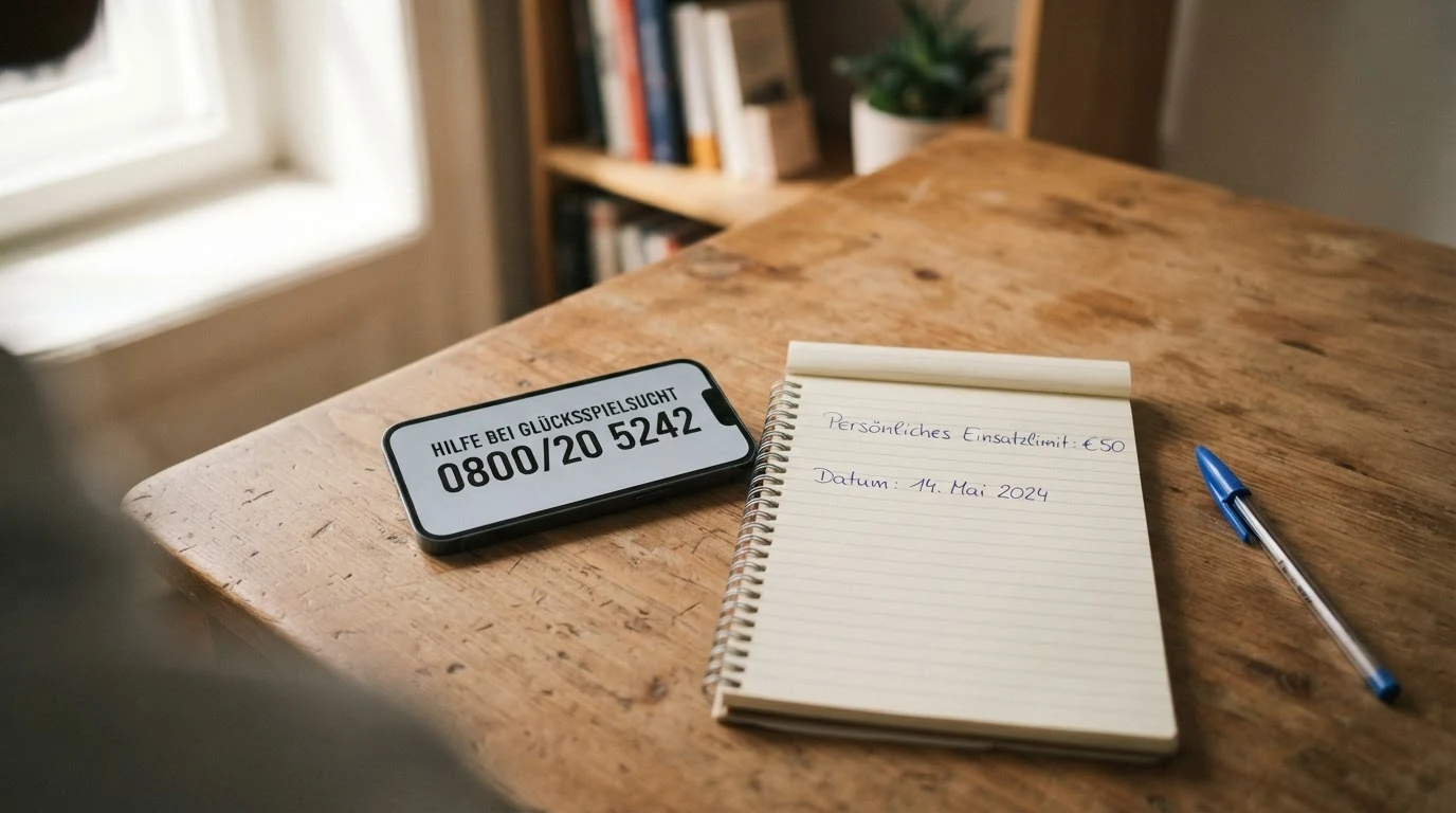 Ein Smartphone mit der auf dem Display sichtbaren Nummer 0800/20 5242 – der österreichischen Glücksspielsucht-Hotline – daneben ein handschriftlich notiertes persönliches Einsatzlimit auf einem Notizblock