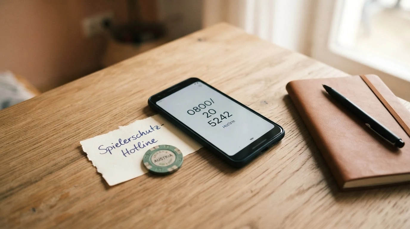 Ein Telefon auf einem Tisch mit Notizzettel, darauf handschriftlich die Hotline-Nummer 0800/20 5242
