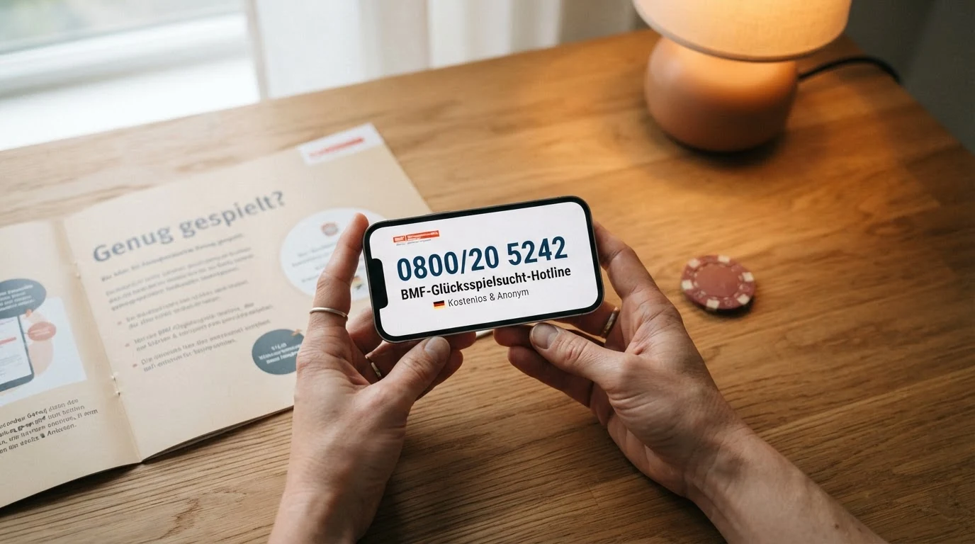 Nahaufnahme eines Telefons mit der gewählten Nummer 0800/20 5242 neben einer Informationsbroschüre der Spielsuchthilfe Wien