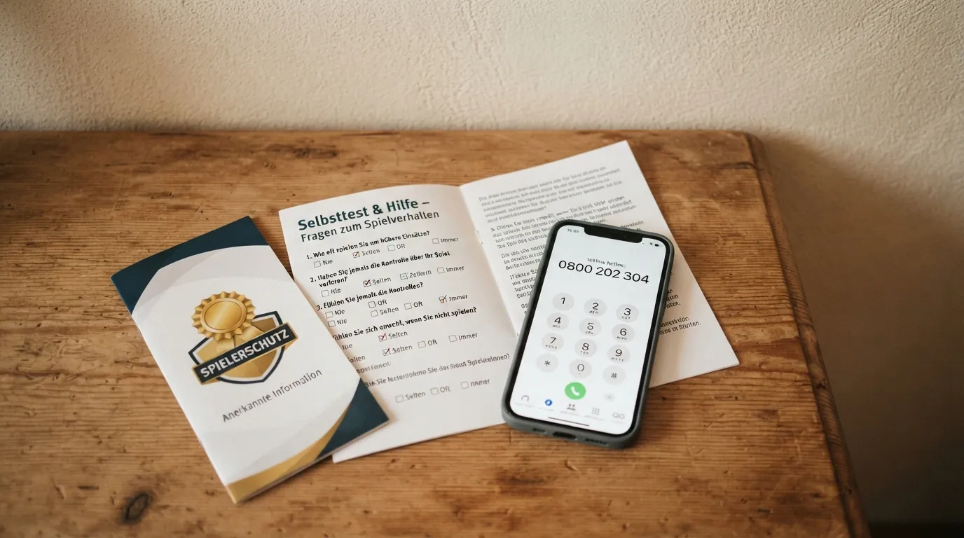 Ein Smartphone mit der gewählten Nummer der Spielerschutz-Hotline, daneben eine Infobroschüre mit Selbsttest-Fragebogen und das Logo der Österreichischen Lotterien.