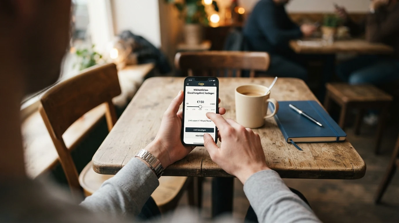Eine Person setzt an einem Smartphone ein Einzahlungslimit in einer Casino-App, im Hintergrund das Logo der Spielsuchthilfe Wien
