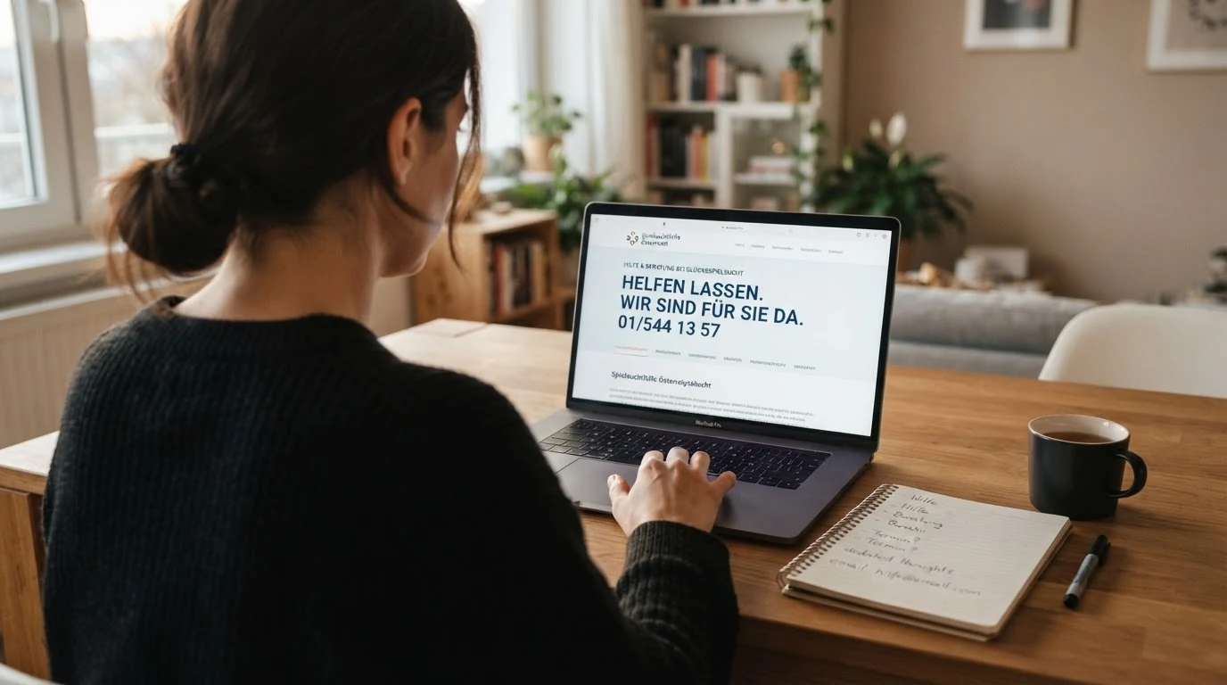 Eine Person sitzt vor einem Laptop, auf dem Bildschirm ist die Startseite der Spielsuchthilfe Österreich mit der Telefonnummer 01/544 13 57 zu sehen