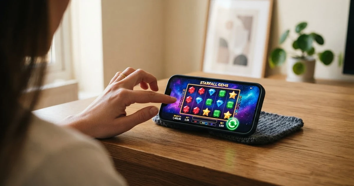 Das 5×3-Spielfeld des Starburst-Slots von NetEnt mit farbigen Edelstein-Symbolen und dem charakteristischen Weltraum-Hintergrund