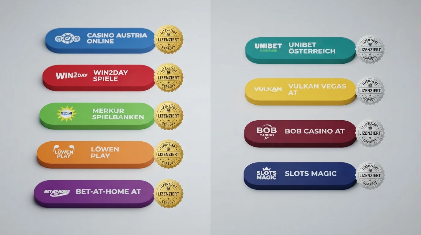 Eine Gegenüberstellung von Casino-Logos, gruppiert nach MGA-Lizenz (links) und Curaçao-Lizenz (rechts), mit hervorgehobenen Lizenzsiegeln