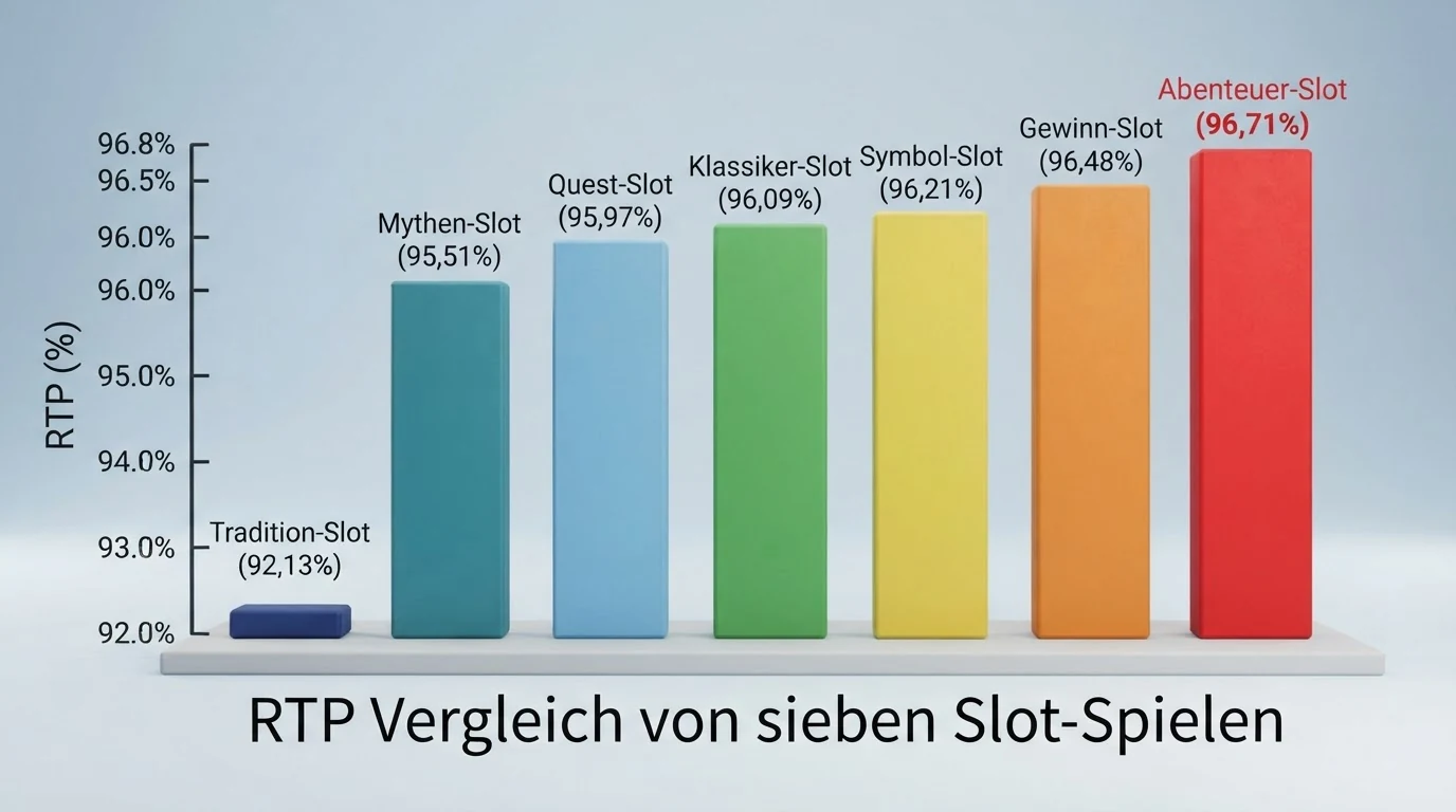 Eine visuelle Gegenüberstellung der sieben recherchierten Spielautomaten mit ihren RTP-Prozentwerten und Volatilitätsstufen als Infografik oder Balkendiagramm