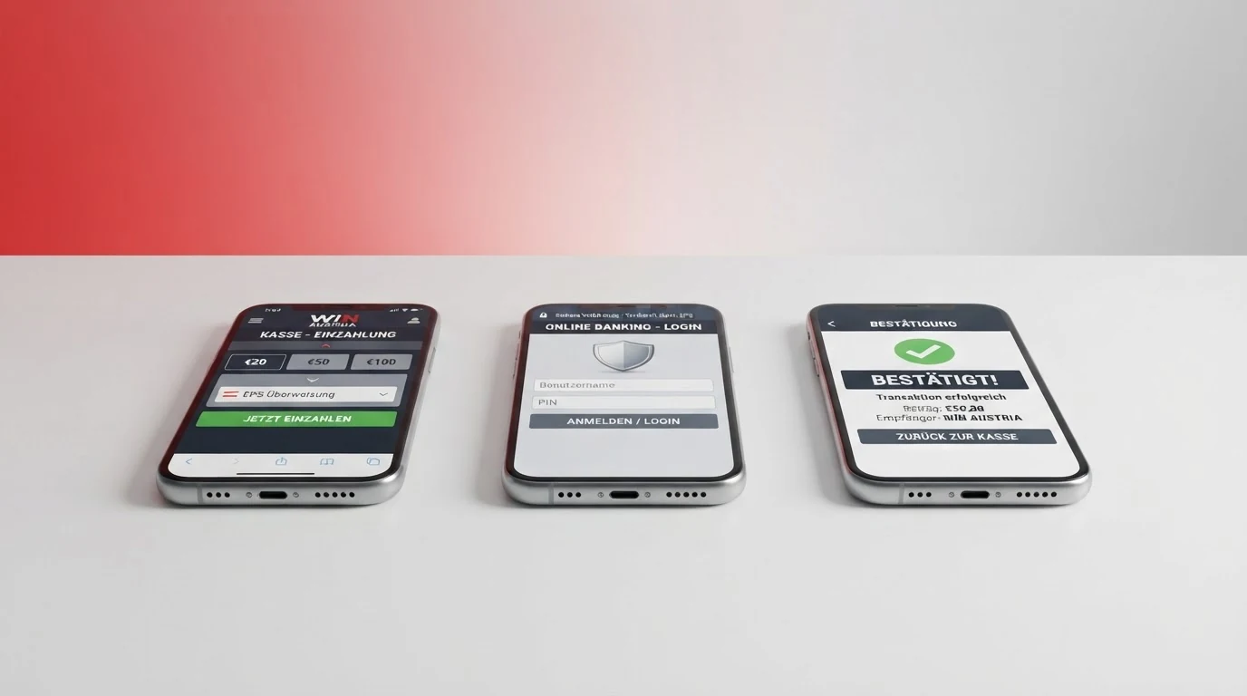 Schematische Darstellung des Einzahlungsablaufs in drei Schritten: Casino-Kasse, Bank-Login, Bestätigung per Smartphone
