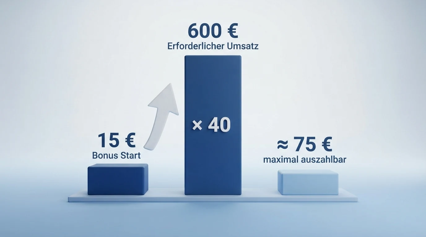Eine grafische Staffelung: 15 € Bonus, darüber ein Pfeil mit „× 40“, darunter „600 € erforderlicher Umsatz“, daneben ein kleiner Betrag mit „≈ 75 € maximal auszahlbar“
