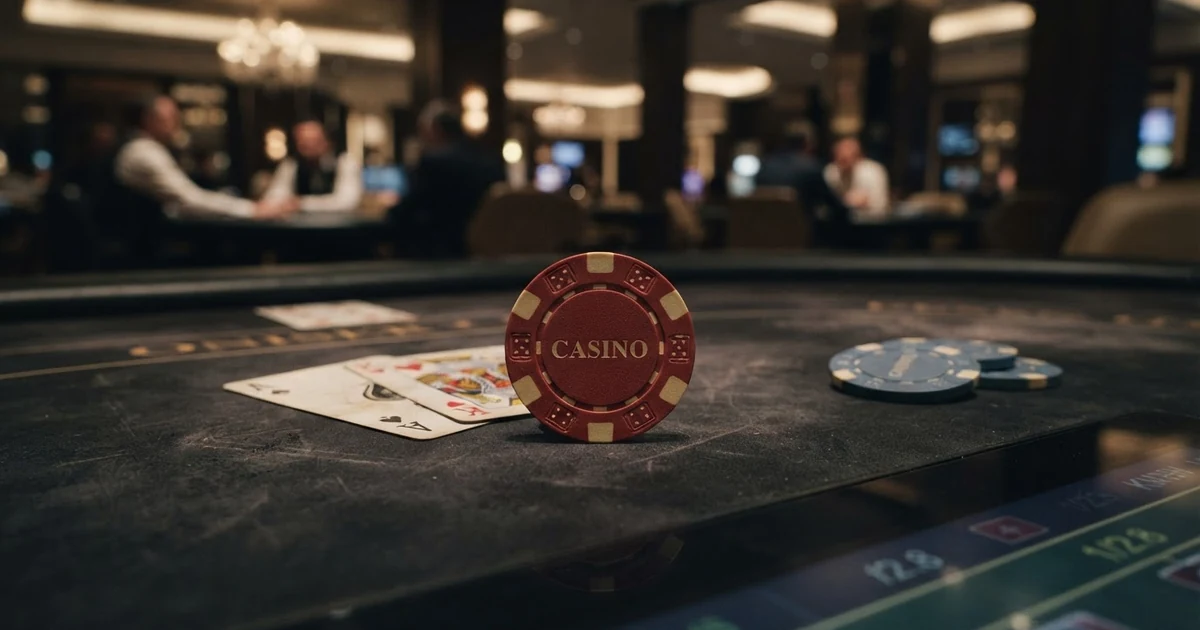 Eine USDC-Münze mit dem Circle-Logo vor einem digitalen Casino-Tisch mit Spielkarten und Chips