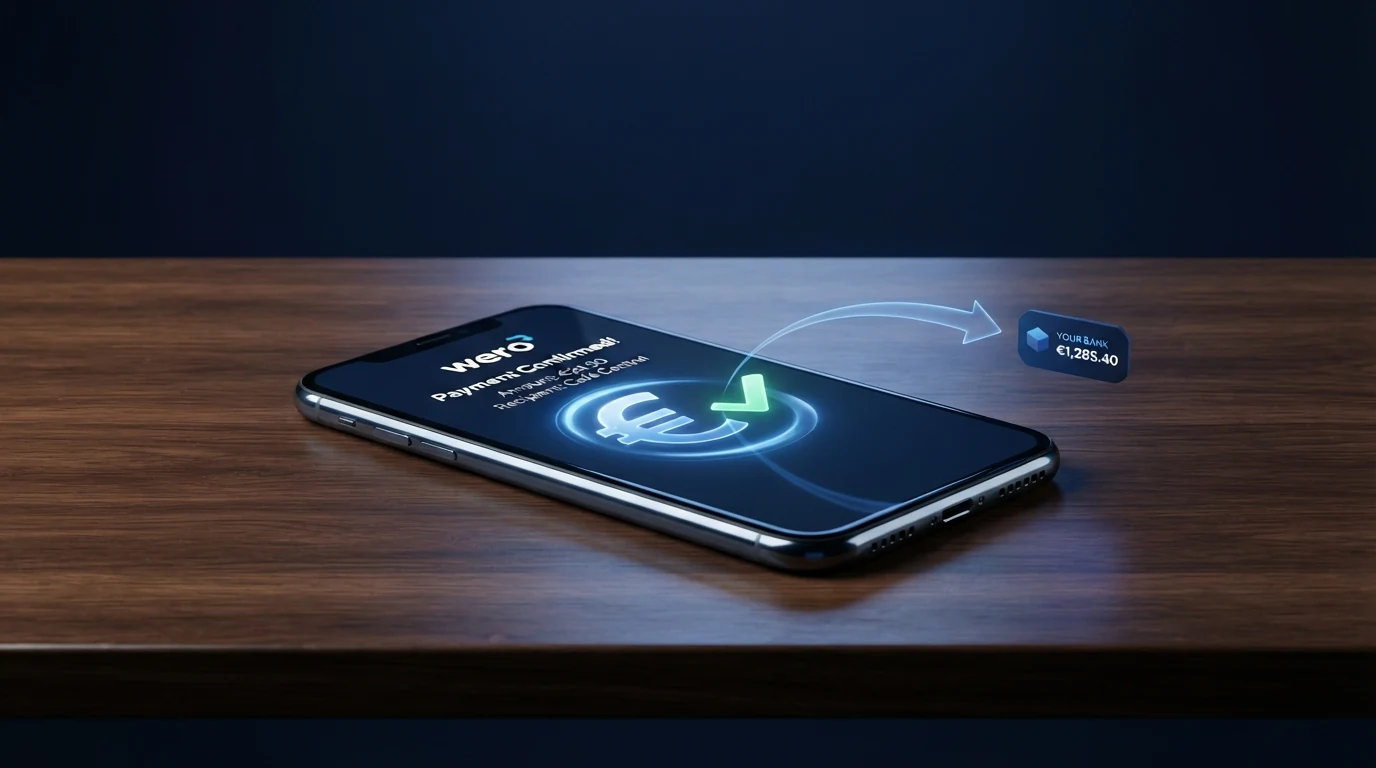 Schematische Darstellung: Ein Smartphone zeigt den Wero-Überweisungsbildschirm mit Betrag und Empfänger, ein Pfeil symbolisiert die Echtzeit-Überweisung zum Girokonto