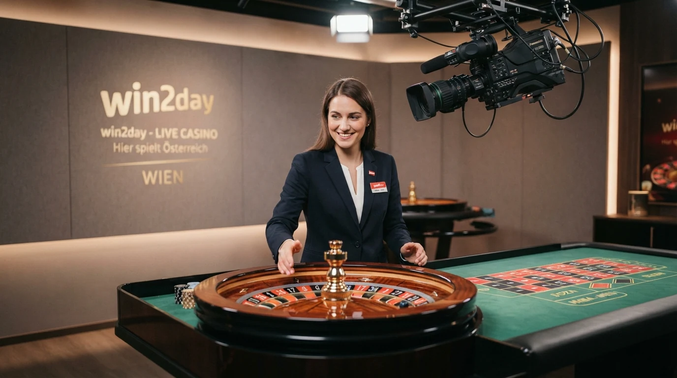 Das win2day Live-Casino-Studio in Wien mit Roulette-Tisch, professioneller Beleuchtung und Presenterin am Tisch