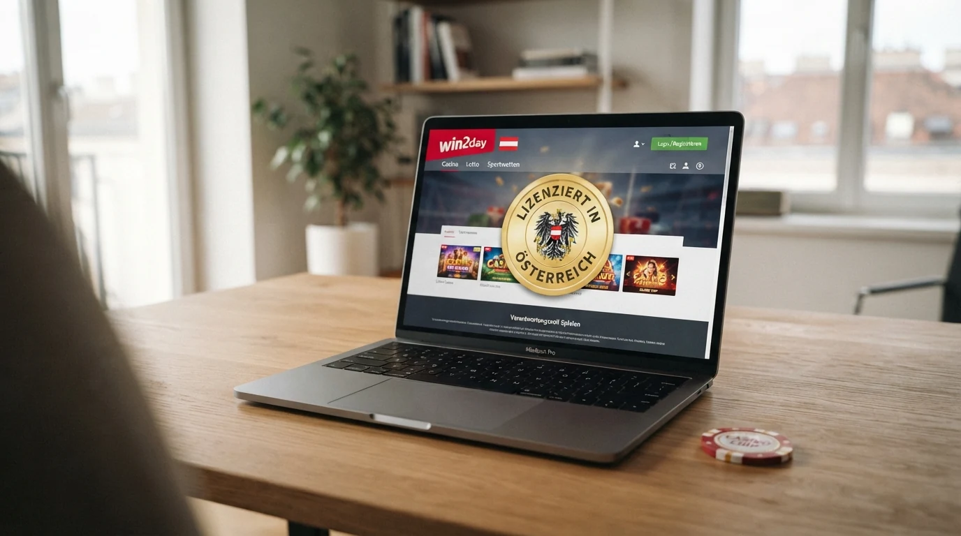 Offizielle win2day-Startseite mit Hinweis auf die österreichische Glücksspielkonzession
