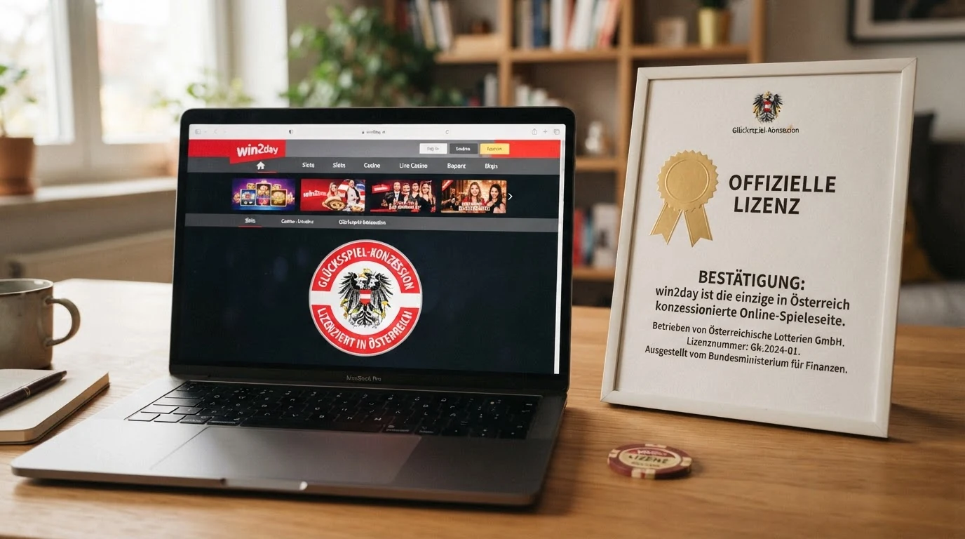 Screenshot der win2day-Startseite mit dem Hinweis auf die österreichische Glücksspiel-Konzession und das „Spielerschutz“-Siegel im Footer