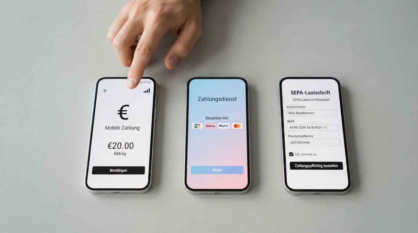 Eine schematische Schritt-für-Schritt-Darstellung der drei Einzahlungswege: Handyrechnung (Mobilfunknummer → SMS-TAN → Bestätigung), Klarna (Bankdaten → Bonitätsprüfung → Sofortüberweisung) und Lastschrift (IBAN → SEPA-Mandat → verzögerte Abbuchung)