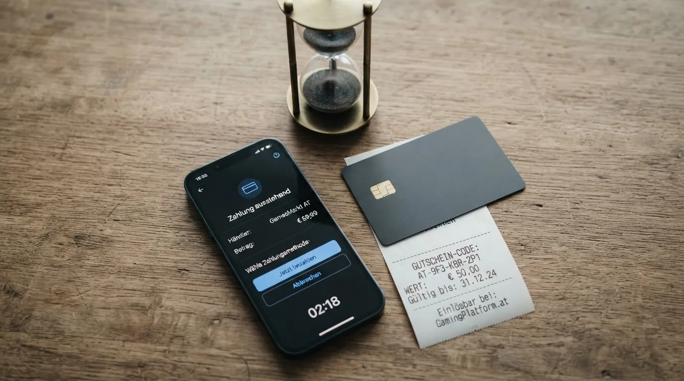 Eine Kreditkarte, ein Smartphone mit PayPal-App und ein Paysafecard-Code liegen nebeneinander, darüber ein Stoppuhr-Symbol mit unterschiedlichen Fristen