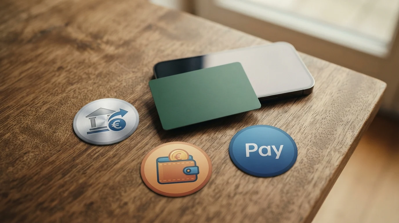 Vier Zahlungsmittel — EPS-Logo, Paysafecard-Karte, Skrill- und Neteller-Logo — nebeneinander auf einer Tischplatte